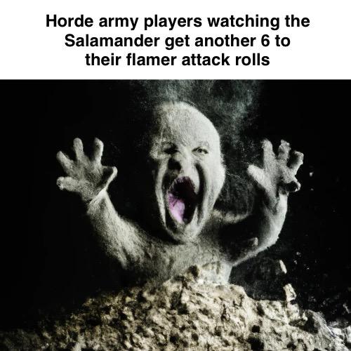 Horde army players watching the Salamander get another 6 to their flamer attack rolls