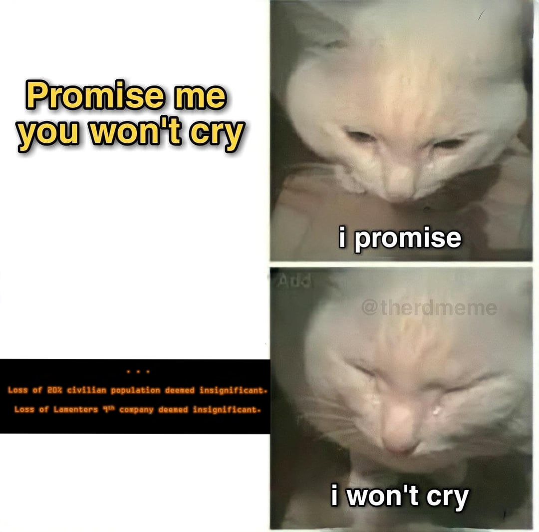 Promise me you won't cry Loss of 20% civilian population deemed insignificant. Loss of Lamenters 9th company deemed insignificant. Add i promise @therdmeme i won't cry