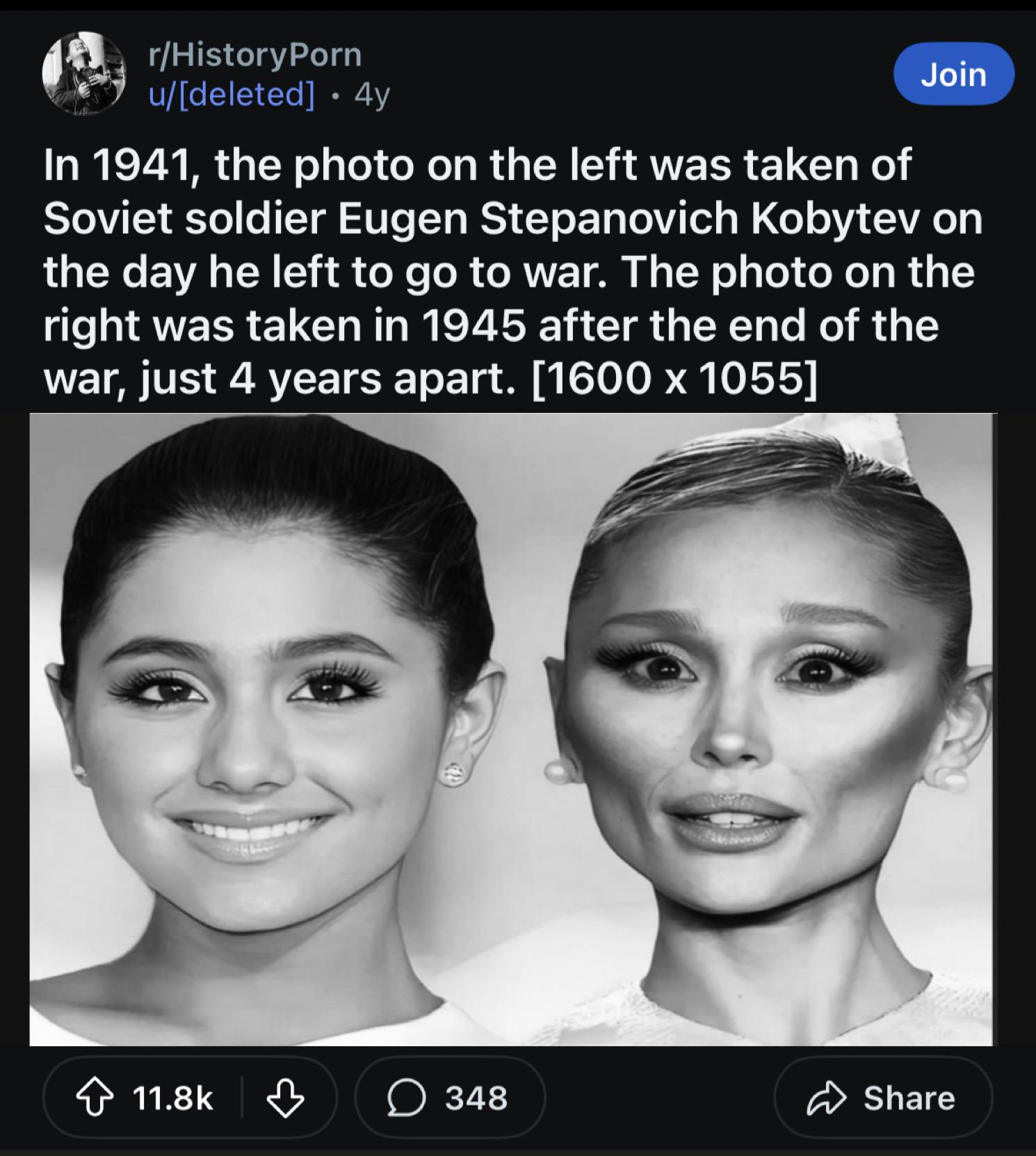 r/HistoryPorn u/[deleted] 4y • Join In 1941, the photo on the left was taken of Soviet soldier Eugen Stepanovich Kobytev on the day he left to go to war. The photo on the right was taken in 1945 after the end of the war, just 4 years apart. [1600 x 1055] 11.8k ☐ 348 Share