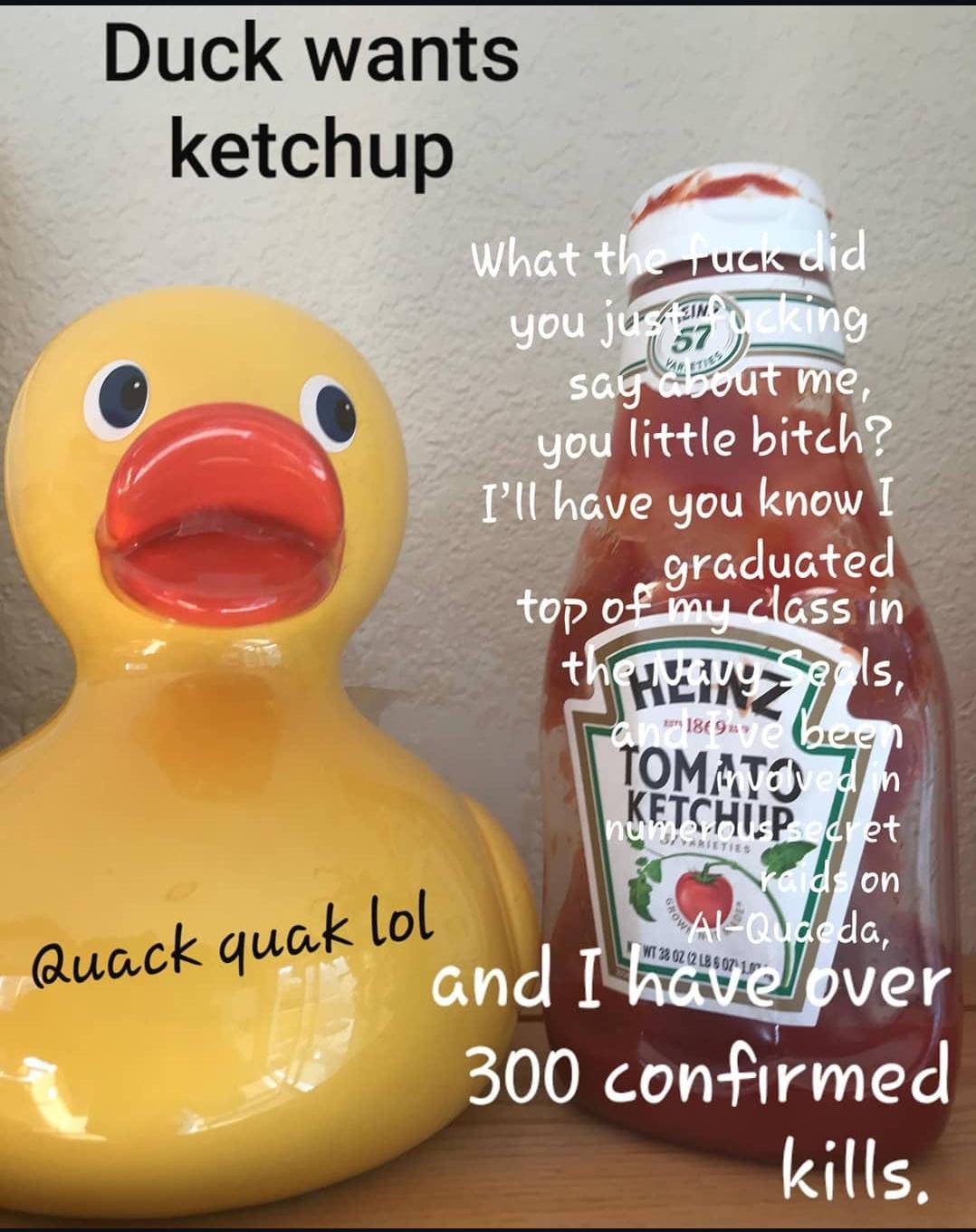 Duck wants ketchup Quack quak lol What the f--- did you just packing 57 ETIES say about me, you little bitch? I'll have you know I graduated ls, top of my class in theprez HEANZ and ve bee TOMATOved in KETCHUP ret numRIETIES GROW 186 99 raids on Al-Quaeda, and I have over 300 confirmed kills.