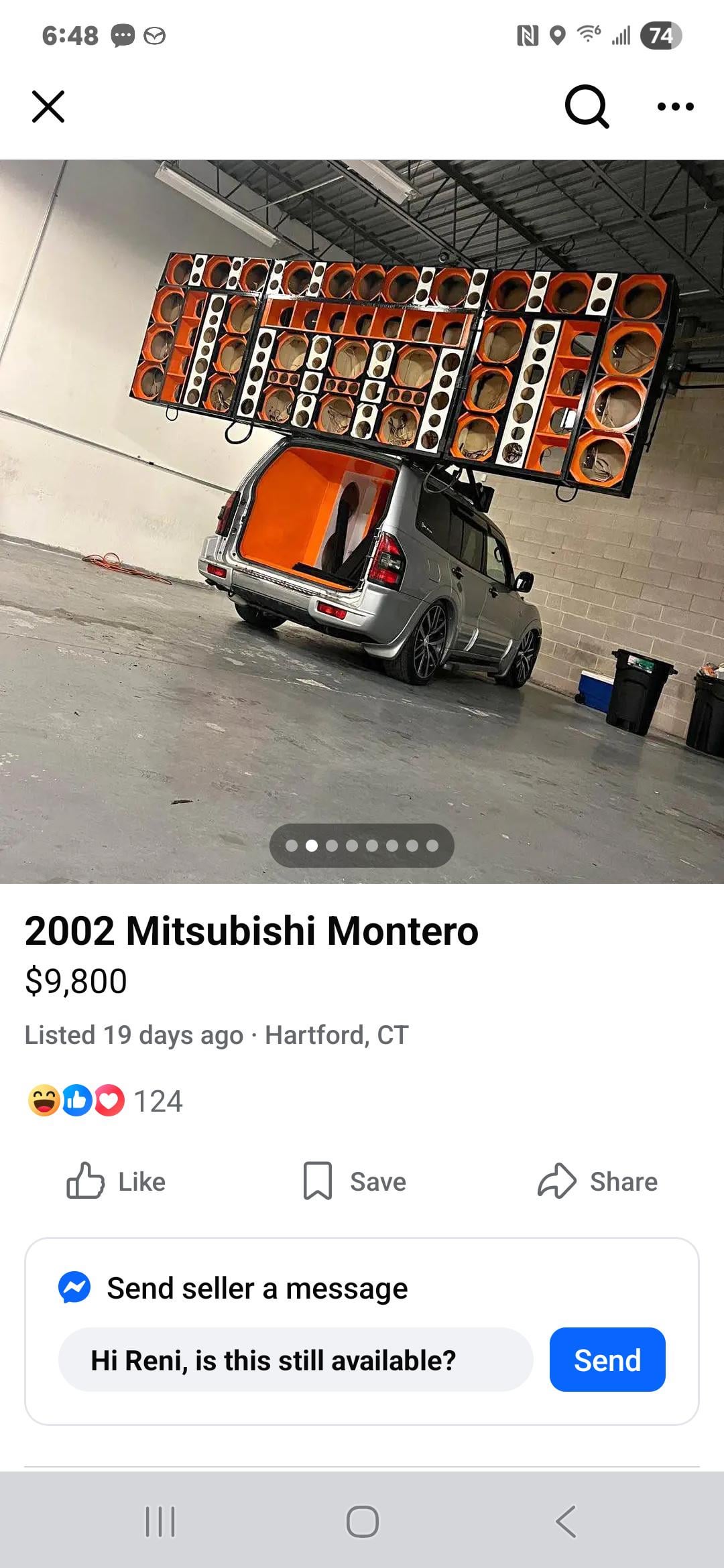 6:48 Q 74 00000 000 8 808 000 2002 Mitsubishi Montero $9,800 Listed 19 days ago Hartford, CT 124 Like 2000 Save Share Send seller a message Hi Reni, is this still available? Send |||