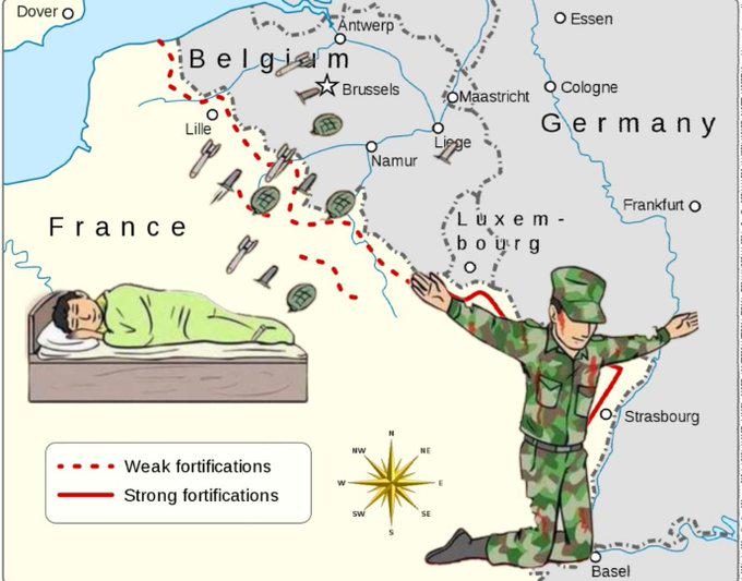 Dover O France Antwerp Belgium Lille O Essen Brussels Cologne OMaastricht Germany Liege Namur Weak fortifications Strong fortifications NW SW NE Frankfurt O 'Luxem- bourg Strasbourg Basel