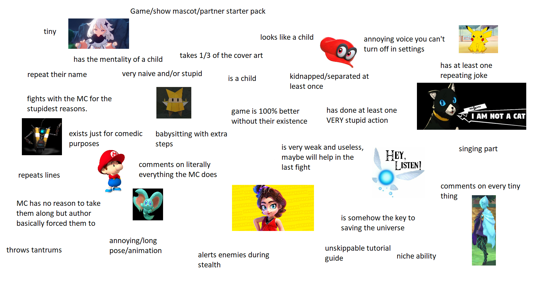 tiny Game/show mascot/partner starter pack |みたら has at least one repeating joke looks like a child annoying voice you can't turn off in settings has the mentality of a child repeat their name takes 1/3 of the cover art very naive and/or stupid is a child kidnapped/separated at least once fights with the MC for the stupidest reasons. repeats lines exists just for comedic purposes MC has no reason to take them along but author basically forced them to throws tantrums game is 100% better without their existence babysitting with extra steps comments on literally everything the MC does AZ AYAYAYAY has done at least one VERY stupid action Morgana I AM NOT A CAT is very weak and useless, maybe will help in the last fight AYAYAYAYAYAY HEY, LISTEN! singing part comments on every tiny is somehow the key to saving the universe thing annoying/long pose/animation unskippable tutorial alerts enemies during stealth guide niche ability