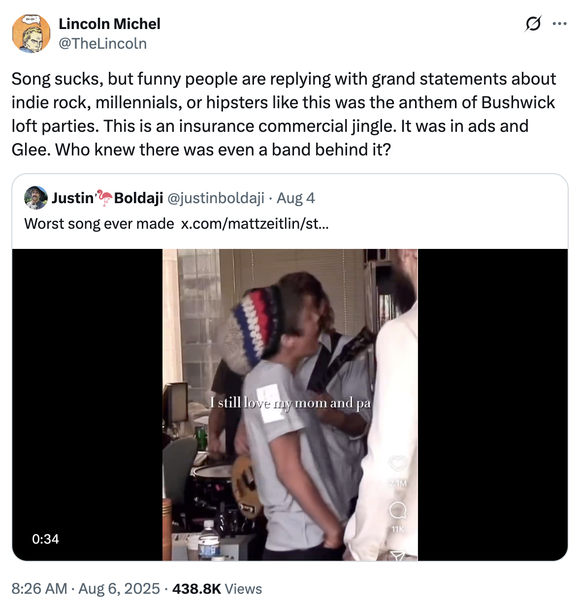 A "quote-tweet":https://knowyourmeme.com/memes/quote-retweets-qrts about "Home" by Edward Sharpe and the Magnetic Zeros, seen singing, "Alabama, Arkansas," on an NPR Tiny Desk Concert in 2009.