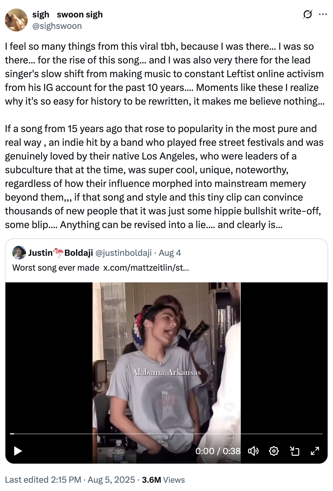 A "quote-tweet":https://knowyourmeme.com/memes/quote-retweets-qrts about "Home" by Edward Sharpe and the Magnetic Zeros, seen singing, "Alabama, Arkansas," on an NPR Tiny Desk Concert in 2009.