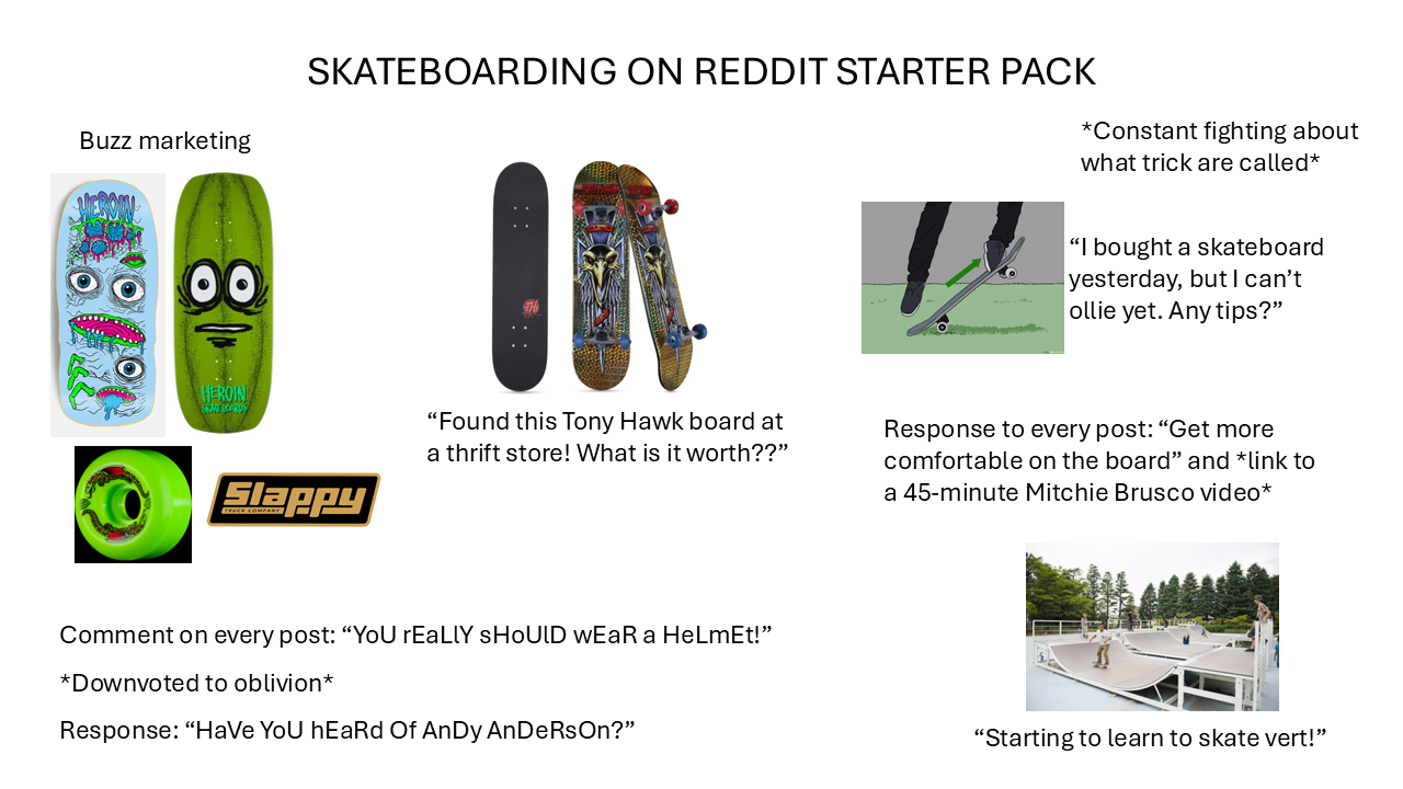 Buzz marketing SKATEBOARDING ON REDDIT STARTER PACK IN *Constant fighting about what trick are called* "I bought a skateboard yesterday, but I can't ollie yet. Any tips?" HEROIN Slappy "Found this Tony Hawk board at a thrift store! What is it worth??" Comment on every post: "YoU REALLY SHOULD WEAR a HeLmEt!" *Downvoted to oblivion* Response: "Have You hEaRd Of AnDy AnDeRs On?" Response to every post: "Get more comfortable on the board" and *link to a 45-minute Mitchie Brusco video* "Starting to learn to skate vert!"