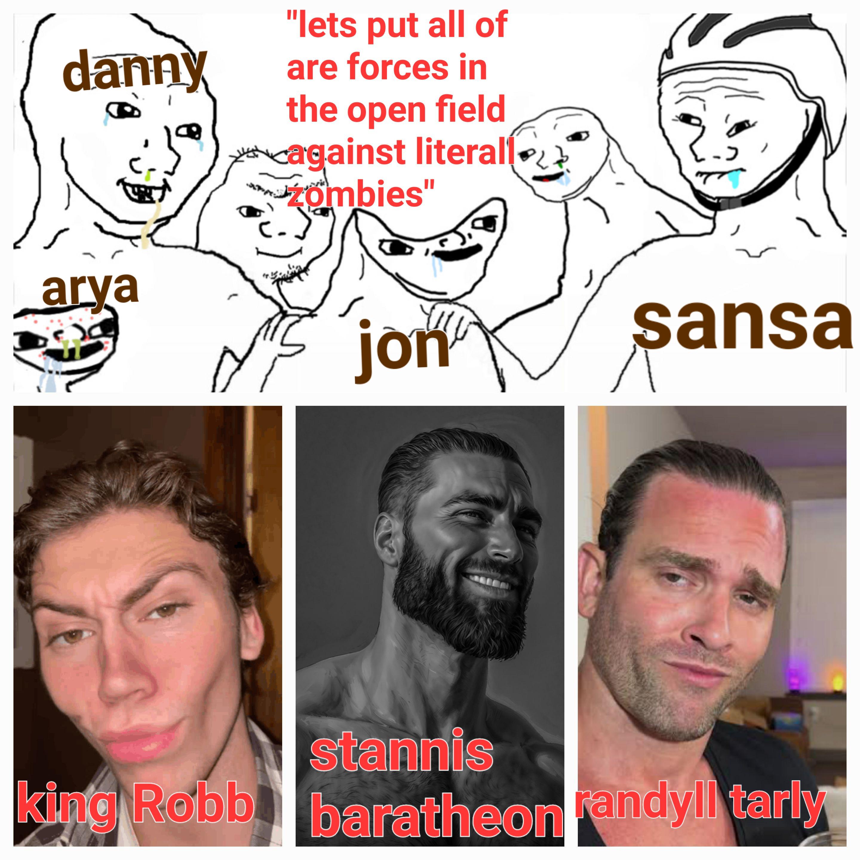 danny arya "lets put all of are forces in the open field cagainst literal zombies" jon sansa stannis king Robb baratheon andyll tarly