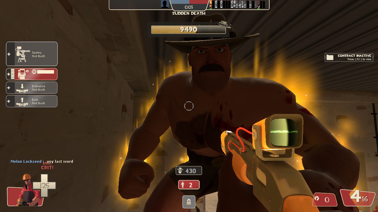 Sentry Not Built Entrance Not Built ↑ Exit Not Built Melon Lockseed any last word CRIT! 125 0:05 SUDDEN DEATH 9490 430 CONTRACT INACTIVE Press | F2] to view 2 O 416