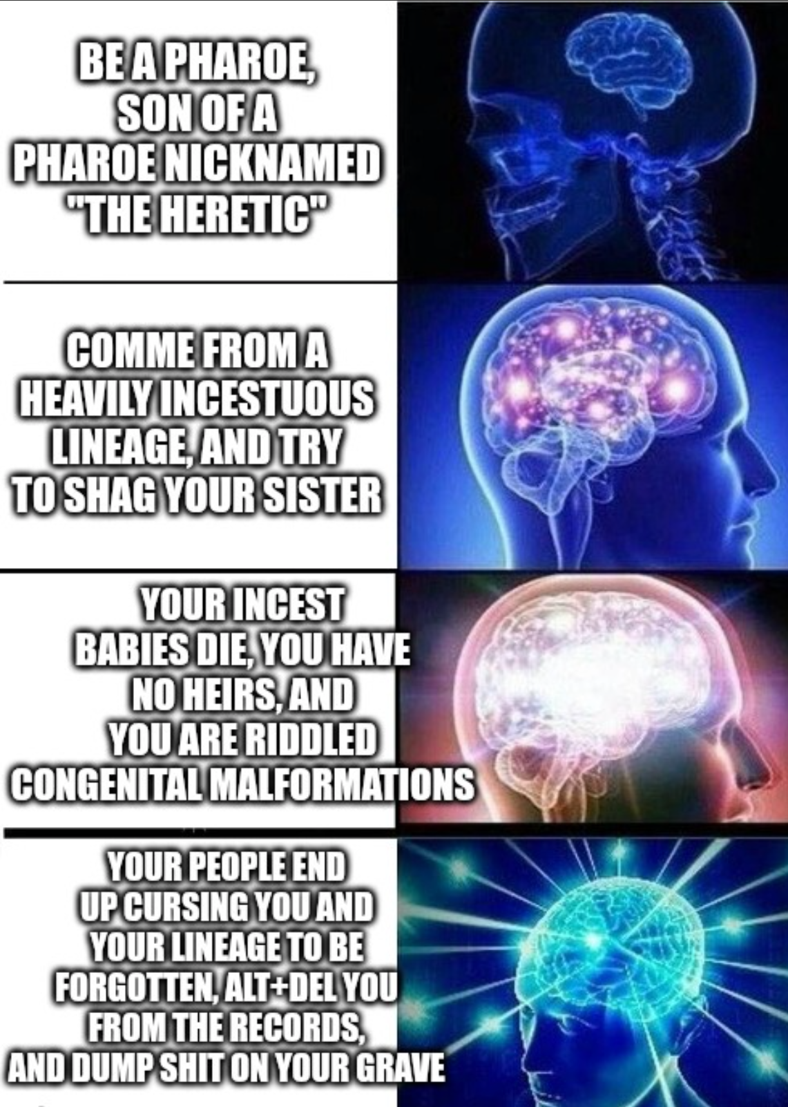 BE A PHAROE, SON OF A PHAROE NICKNAMED "THE HERETIC" COMME FROM A HEAVILY INCESTUOUS LINEAGE, AND TRY TO SHAG YOUR SISTER YOUR I----- BABIES DIE, YOU HAVE NO HEIRS, AND YOU ARE RIDDLED CONGENITAL MALFORMATIONS YOUR PEOPLE END UP CURSING YOU AND YOUR LINEAGE TO BE FORGOTTEN, ALT+DEL YOU FROM THE RECORDS, AND DUMP S--- ON YOUR GRAVE