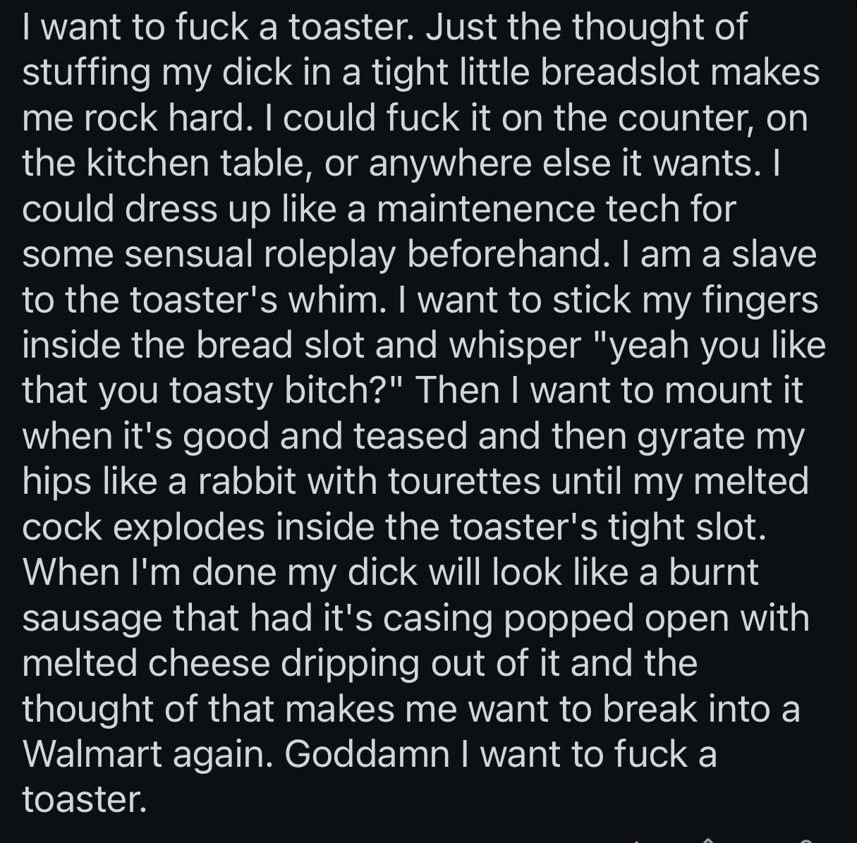 I want to f--- a toaster. Just the thought of stuffing my d--- in a tight little breadslot makes me rock hard. I could f--- it on the counter, on the kitchen table, or anywhere else it wants. I could dress up like a maintenence tech for some sensual roleplay beforehand. I am a slave to the toaster's whim. I want to stick my fingers inside the bread slot and whisper "yeah you like that you toasty bitch?" Then I want to mount it when it's good and teased and then gyrate my hips like a rabbit with tourettes until my melted c--- explodes inside the toaster's tight slot. When I'm done my d--- will look like a burnt sausage that had it's casing popped open with melted cheese dripping out of it and the thought of that makes me want to break into a Walmart again. Goddamn I want to f--- a toaster.