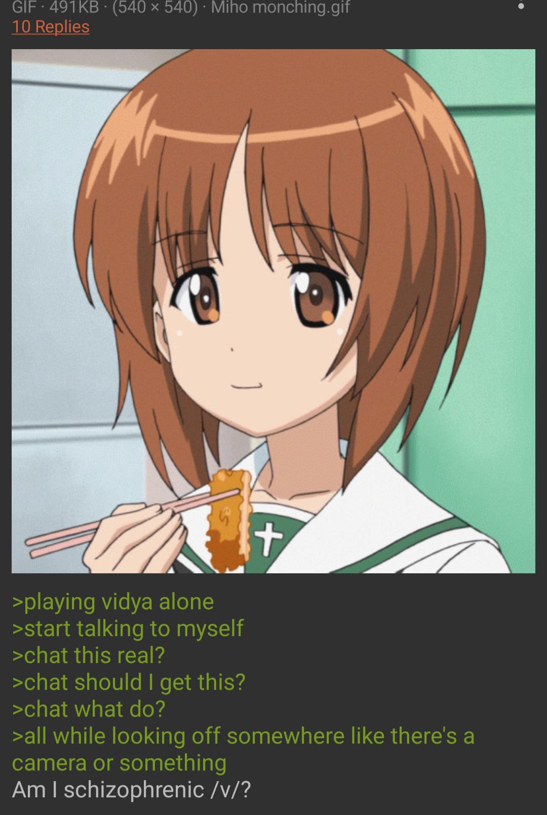 GIF 491KB (540x540) Miho monching.gif 10 Replies S + >playing vidya alone >start talking to myself >chat this real? >chat should I get this? >chat what do? >all while looking off somewhere like there's a camera or something Am I schizophrenic /v/?