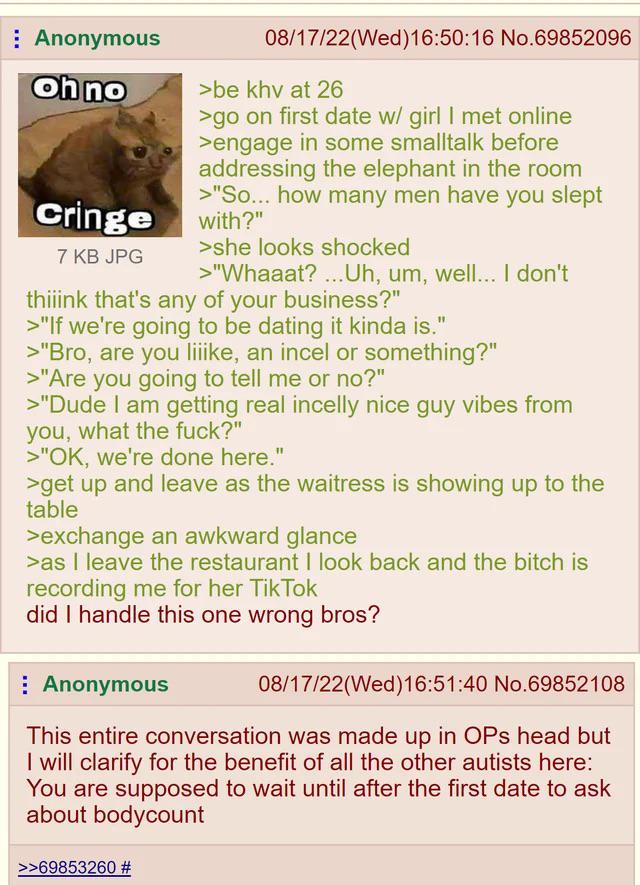 Anonymous Oh no Cringe 7 KB JPG 08/17/22(Wed)16:50:16 No.69852096 >be khv at 26 >go on first date w/ girl I met online >engage in some smalltalk before addressing the elephant in the room >"So... how many men have you slept with?" >she looks shocked >"Whaaat? ... Uh, um, well... I don't thiiink that's any of your business?" >"If we're going to be dating it kinda is." >"Bro, are you liiike, an incel or something?" >"Are you going to tell me or no?" >"Dude I am getting real incelly nice guy vibes from you, what the f---?" >"OK, we're done here." >get up and leave as the waitress is showing up to the table >exchange an awkward glance >as I leave the restaurant I look back and the bitch is recording me for her TikTok did I handle this one wrong bros? Anonymous 08/17/22(Wed)16:51:40 No.69852108 This entire conversation was made up in OPs head but I will clarify for the benefit of all the other autists here: You are supposed to wait until after the first date to ask about bodycount >>69853260 #