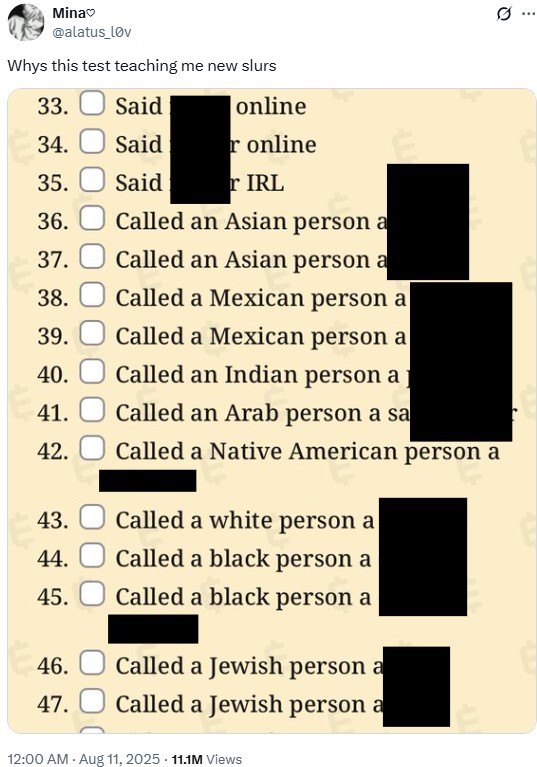 A screenshot of the Race Purity Test results of X user @alatus_l0v. The post reads, "why this test teaching me new slurs."