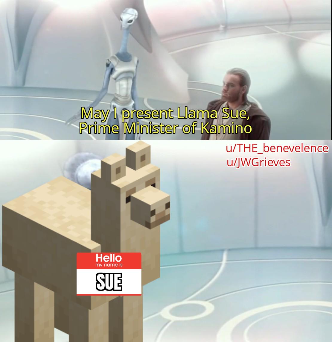May I present Llama Sue, Prime Minister of Kamino u/THE_benevelence u/JWGrieves Hello my name is SUE