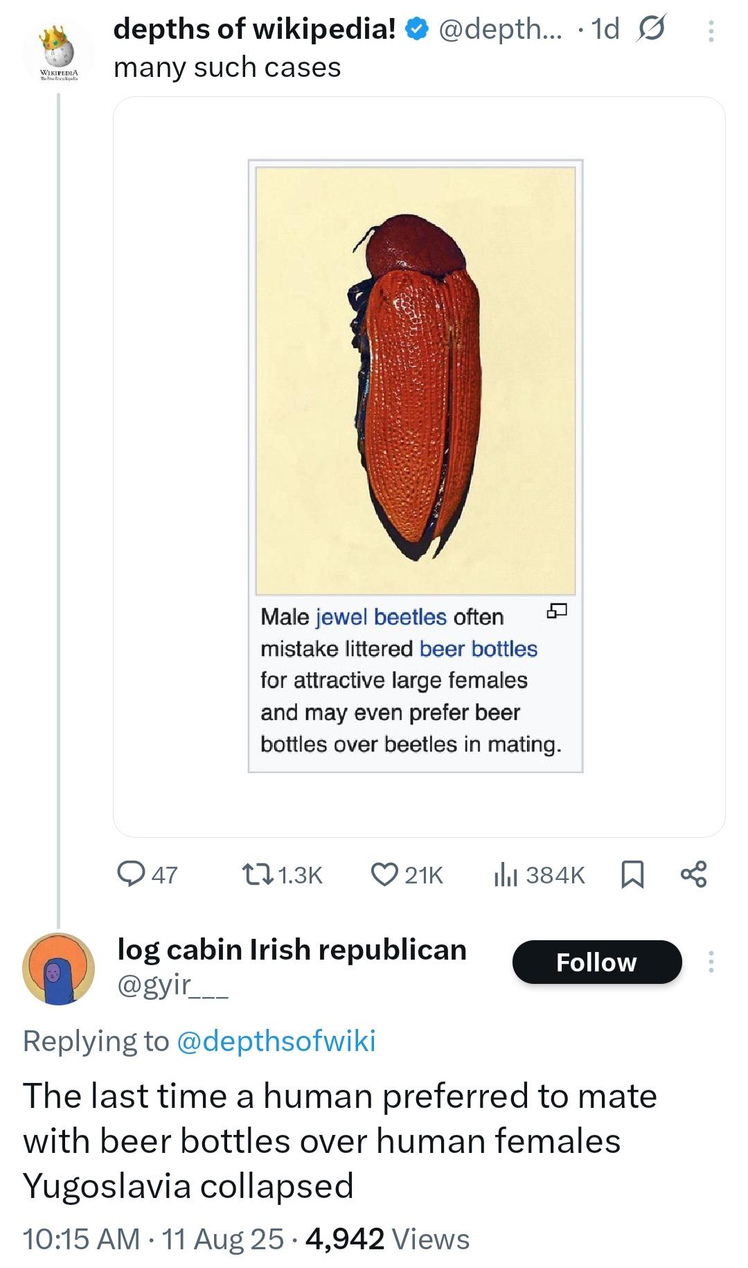 WIKIPEDIA • depths of wikipedia! @depth... 1d many such cases Male jewel beetles often mistake littered beer bottles for attractive large females and may even prefer beer bottles over beetles in mating. 47 11.3K ❤21K Ilil 384K ☐ % log cabin Irish republican @gyir___ Replying to @depthsofwiki Follow The last time a human preferred to mate with beer bottles over human females Yugoslavia collapsed 10:15 AM - 11 Aug 25 4,942 Views