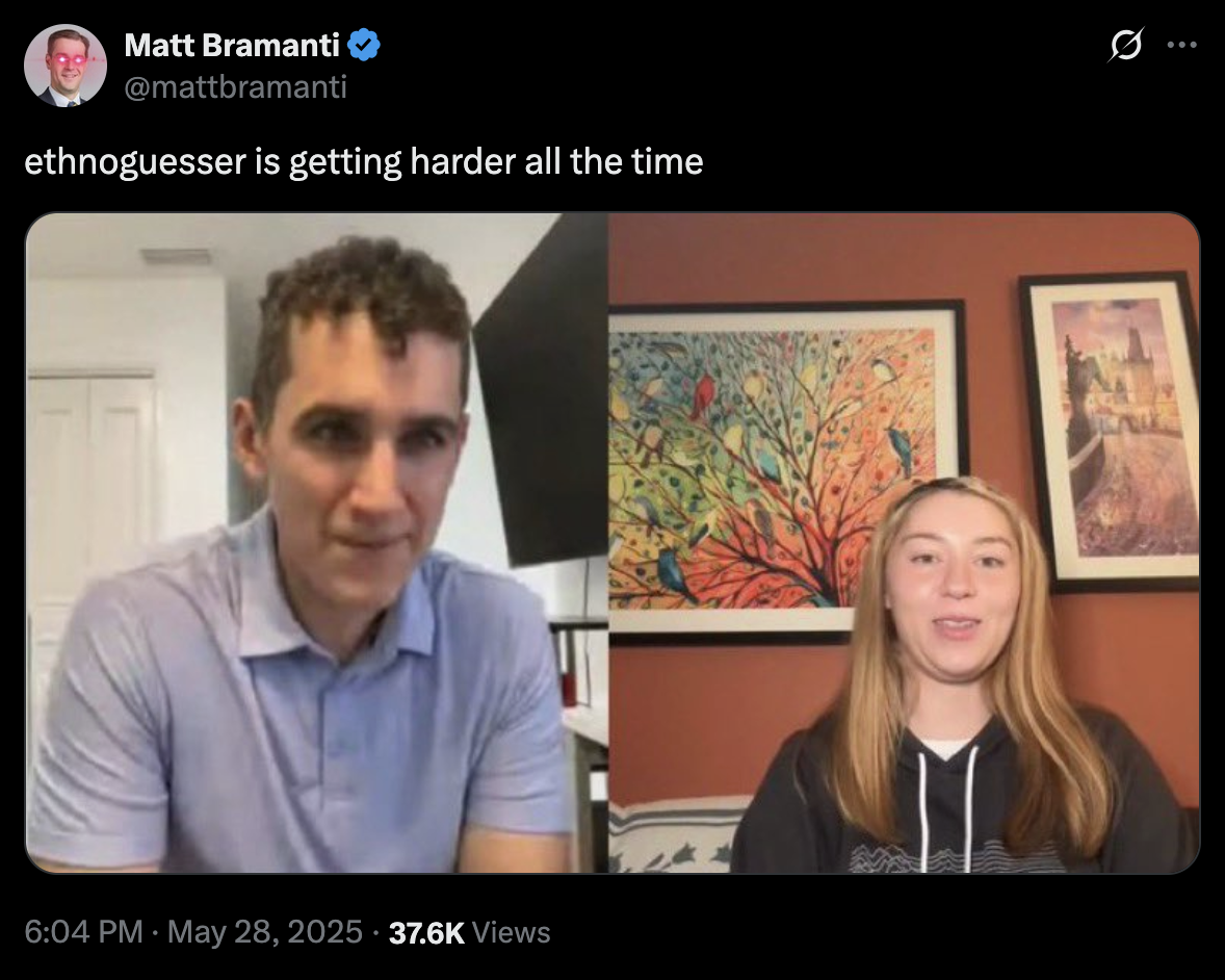X user @mattbramanti posted an image of "RFH" and Richard Hanania, joking, "ethnoguesser is getting harder all the time," gathering nearly 2,000 likes in three months.