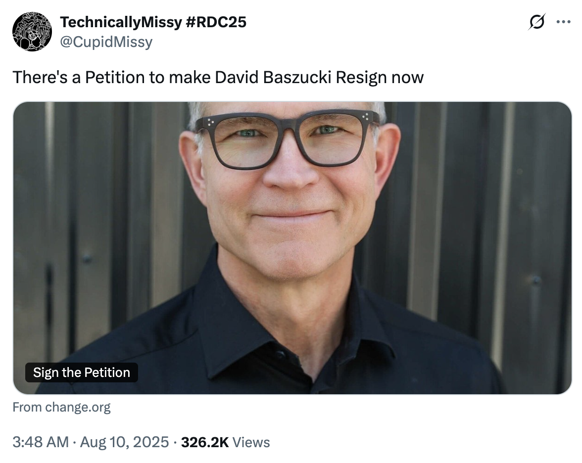 A "tweet":https://knowyourmeme.com/memes/sites/twitter-x announcing the petition to remove David Baszucki as "_Roblox_":https://knowyourmeme.com/memes/subcultures/roblox CEO in August 2025, largely inspired by the "_Roblox_ Suing Schlep Situation":https://knowyourmeme.com/memes/events/roblox-suing-schlep-situation-drama.