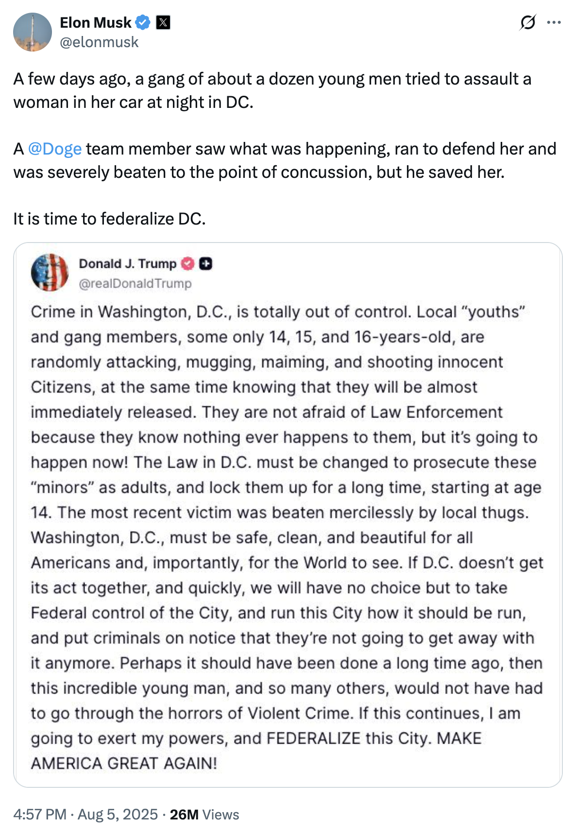 A post shared on "Twitter / X":https://knowyourmeme.com/memes/sites/twitter-x by "Elon Musk":https://knowyourmeme.com/memes/people/elon-musk in August 2025, concerning the alleged assault of former 19-year-old "DOGE":https://knowyourmeme.com/memes/subcultures/department-of-government-efficiency-doge staffer, "Edward 'Big Balls' Coristine":https://knowyourmeme.com/memes/people/edward-big-balls-coristine, in Washington D.C.