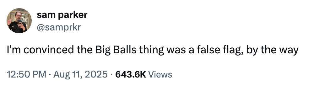 A "Twitter / X":https://knowyourmeme.com/memes/sites/twitter-x user speculating that the "Big Balls" Assault  was a false flag.