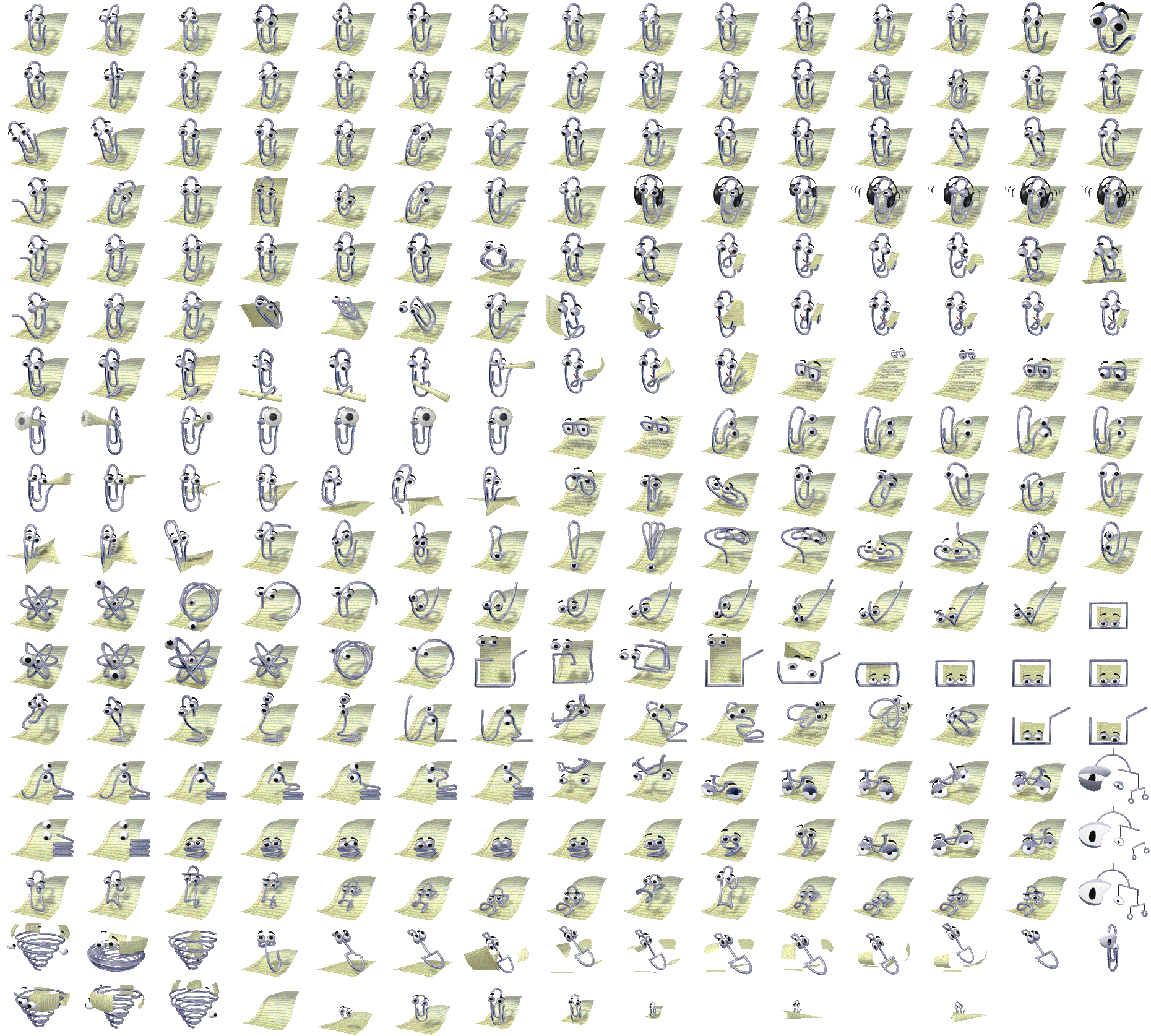 This is only a small part of the full sprite sheet, as a resource for people to take avatars from.
If you want to make an animated gif of Clippy I recommend going to the original source.
The full sheet contains every animation frame, which seemed unnecessary for avatars, since most of the sprites are almost identical to others.
 
(I'm not marking this as Original Content, since all I did was select and arrange the images, but I did do that.)
