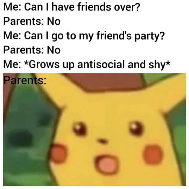 Me: Can I have friends over? Parents: No Me: Can I go to my friend's party? Parents: No Me: *Grows up antisocial and shy* Parents: .