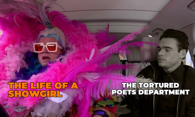 A meme comparing the aesthetics of Taylor Swift's albums "Life of a Showgirl" to "Tortured Poets Department."