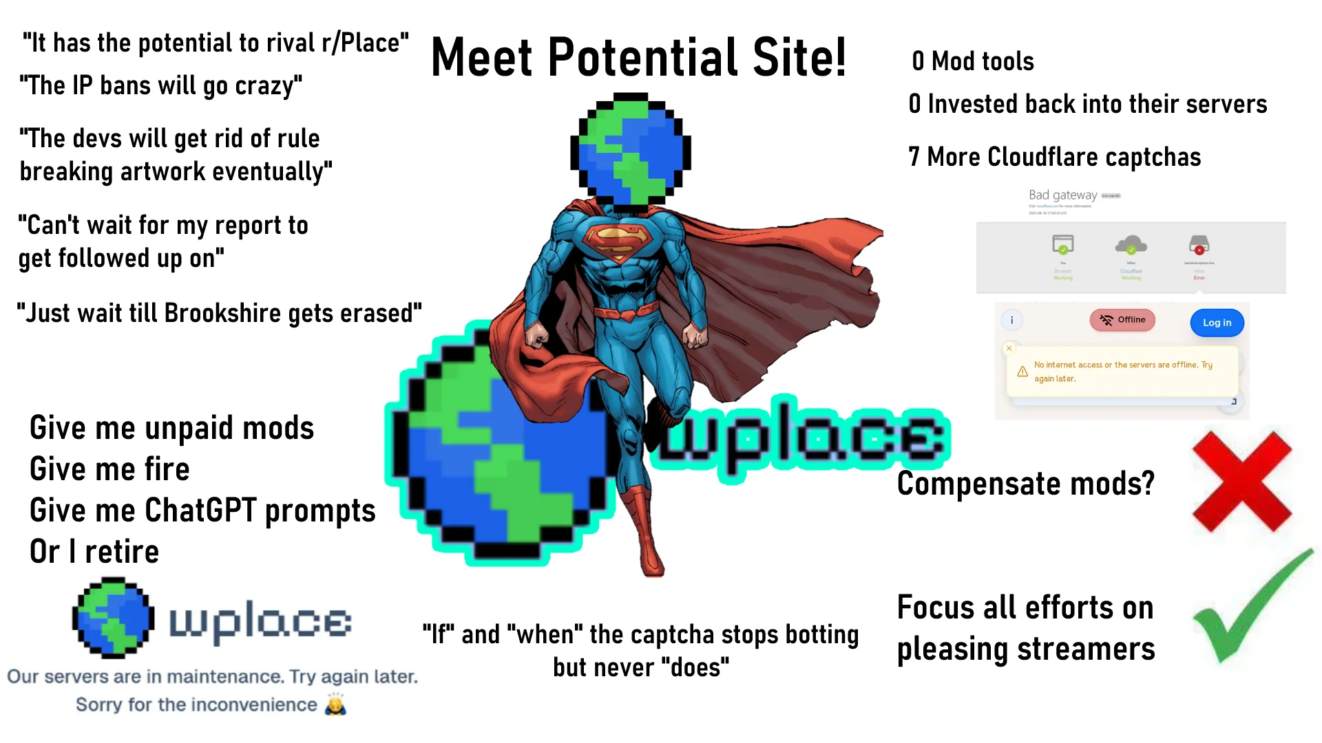 "It has the potential to rival r/Place" Meet Potential Site! "The IP bans will go crazy" "The devs will get rid of rule breaking artwork eventually" "Can't wait for my report to get followed up on" "Just wait till Brookshire gets erased" O Mod tools O Invested back into their servers 7 More Cloudflare captchas i Bad gateway ---- 20050117 B Working Cloudflare Working Emor Offline Log in A No internet access or the servers are offline. Try again later. Give me unpaid mods Give me fire Give me ChatGPT prompts Or I retire wplace Our servers are in maintenance. Try again later. Sorry for the inconvenience tuplace Compensate mods? Focus all efforts on "If" and "when" the captcha stops botting pleasing streamers but never "does"