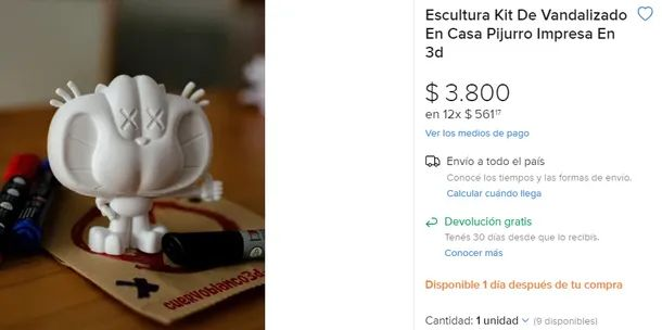 210 Cuervoblanco 3d Escultura Kit De Vandalizado En Casa Pijurro Impresa En 3d $ 3.800 en 12x $5611 Ver los medios de pago Envío a todo el país Conoce los tiempos y las formas de envio. Calcular cuando llega Devolución gratis Tenés 30 días desde que lo recibis Conocer más Disponible 1 día después de tu compra Cantidad: 1 unidad (9 disponibles!