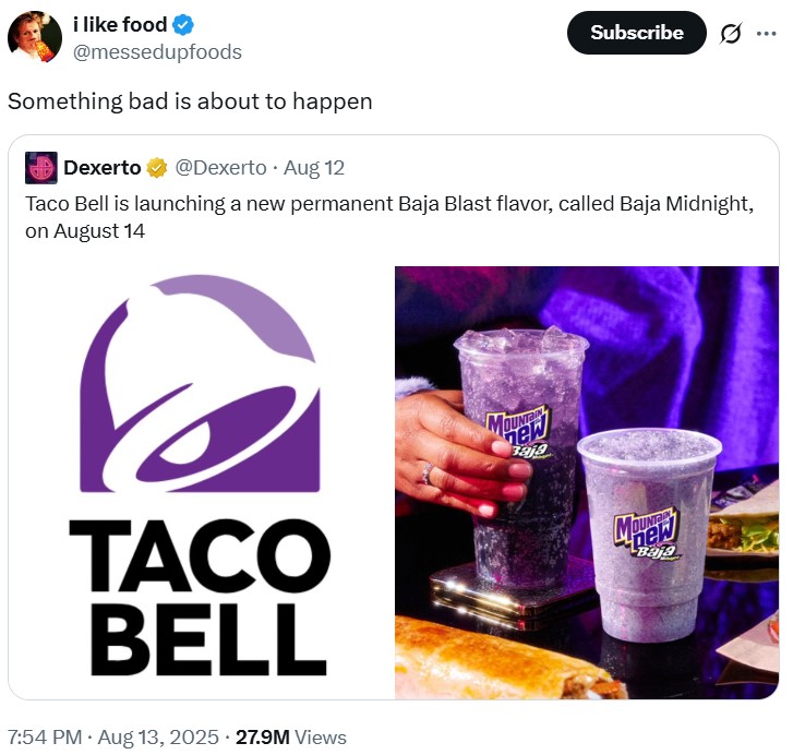 A post reading, "Something bad is about to happen" in response to Mountain Dew releasing a new flavor. The post refers to a conspiracy theory about Mountain Dew.