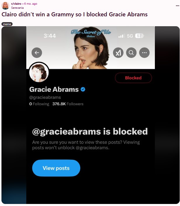A Reddit post reading, "Clairo didn’t win a Grammy so I blocked Gracie Abrams."