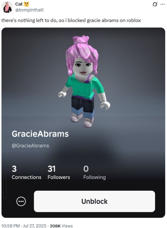A post reading, "there's nothing left to do, so i blocked gracie abrams on roblox."
