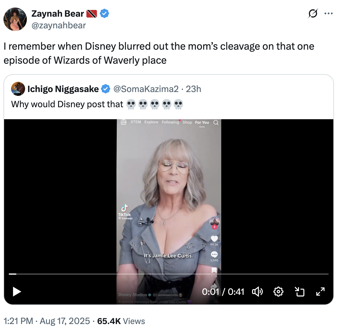 A "tweet":https://knowyourmeme.com/memes/sites/twitter-x about Jamie Lee Curtis's large chest in the August 2025 _Freakier Friday_ ad shared by the "Disney":https://knowyourmeme.com/memes/subcultures/disney "TikTok":https://knowyourmeme.com/memes/sites/tiktok account.