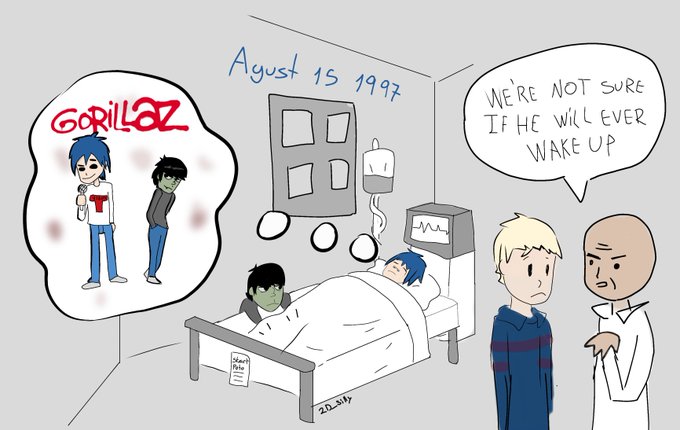 An edit of the Adventure Time coma theory art. The art references The Gorillaz.