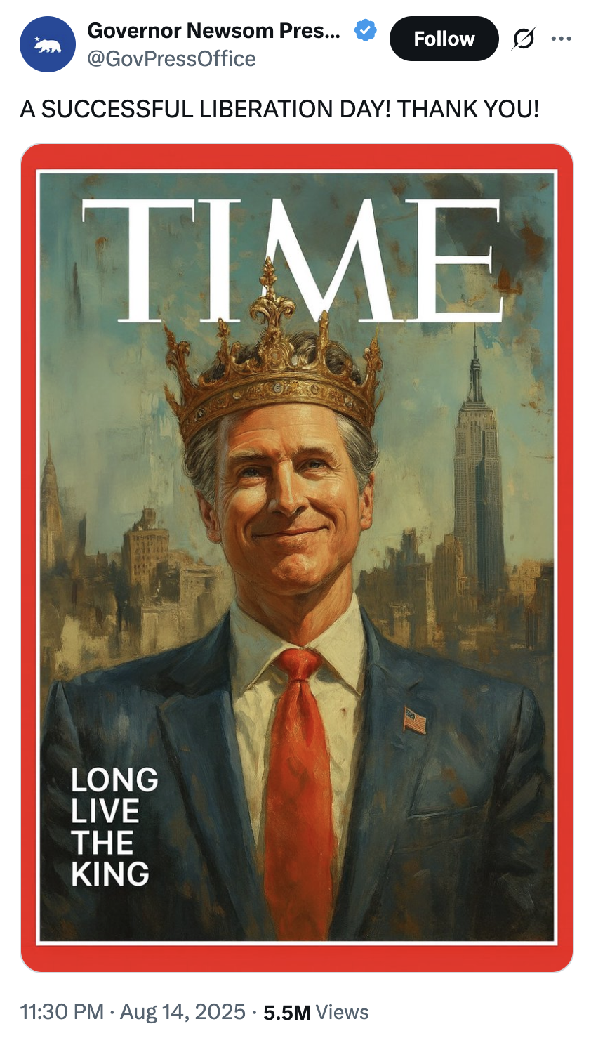 X user @GovPressOffice made a post mocking the "King Trump":https://knowyourmeme.com/memes/king-trump post made by the official White House account in February 2025. 