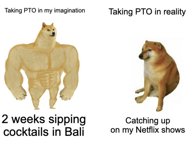 Taking PTO in my imagination Taking PTO in reality 2 weeks sipping cocktails in Bali Catching up on my Netflix shows