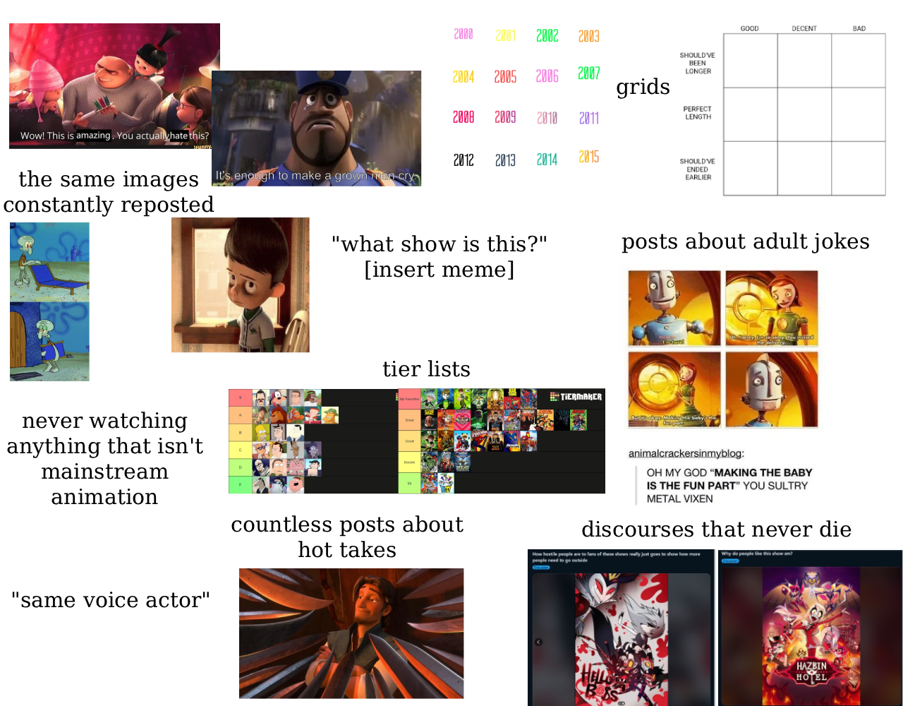 Wow! This is amazing. You actually hate this? the same images It's enough to make a grown Ting-cry constantly reposted never watching anything that isn't mainstream animation "same voice actor" 2000 2001 2002 2003 SHOULD'VE BEEN 2004 2005 2006 2007 LONGER grids 2008 2009 2010 2011 PERFECT LENGTH 2012 2013 2014 2015 SHOULD'VE ENDED EARLIER GOOD DECENT BAD "what show is this?" posts about adult jokes [insert meme] tier lists countless posts about hot takes TIERMAKER animalcrackersinmyblog: OH MY GOD "MAKING THE BABY IS THE FUN PART" YOU SULTRY METAL VIXEN discourses that never die How hostile people are to fans of these shows really just goes to show how more people need to go outside Why do people like this show sm HAZBIN HOTEL