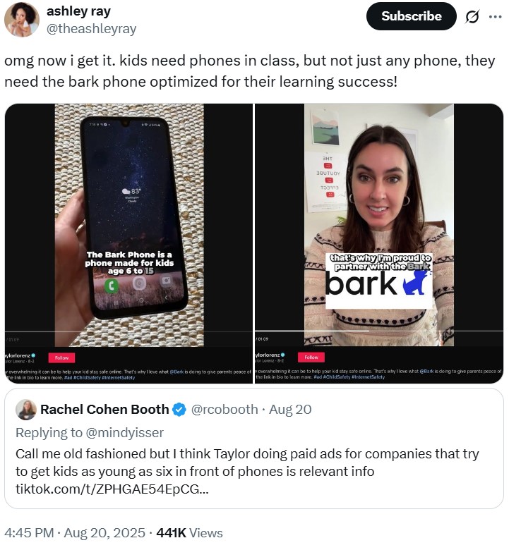 A post hypothesizing that Taylor Lorenz wants phones allowed in schools because she's sponsored by a company that makes phones for kids.