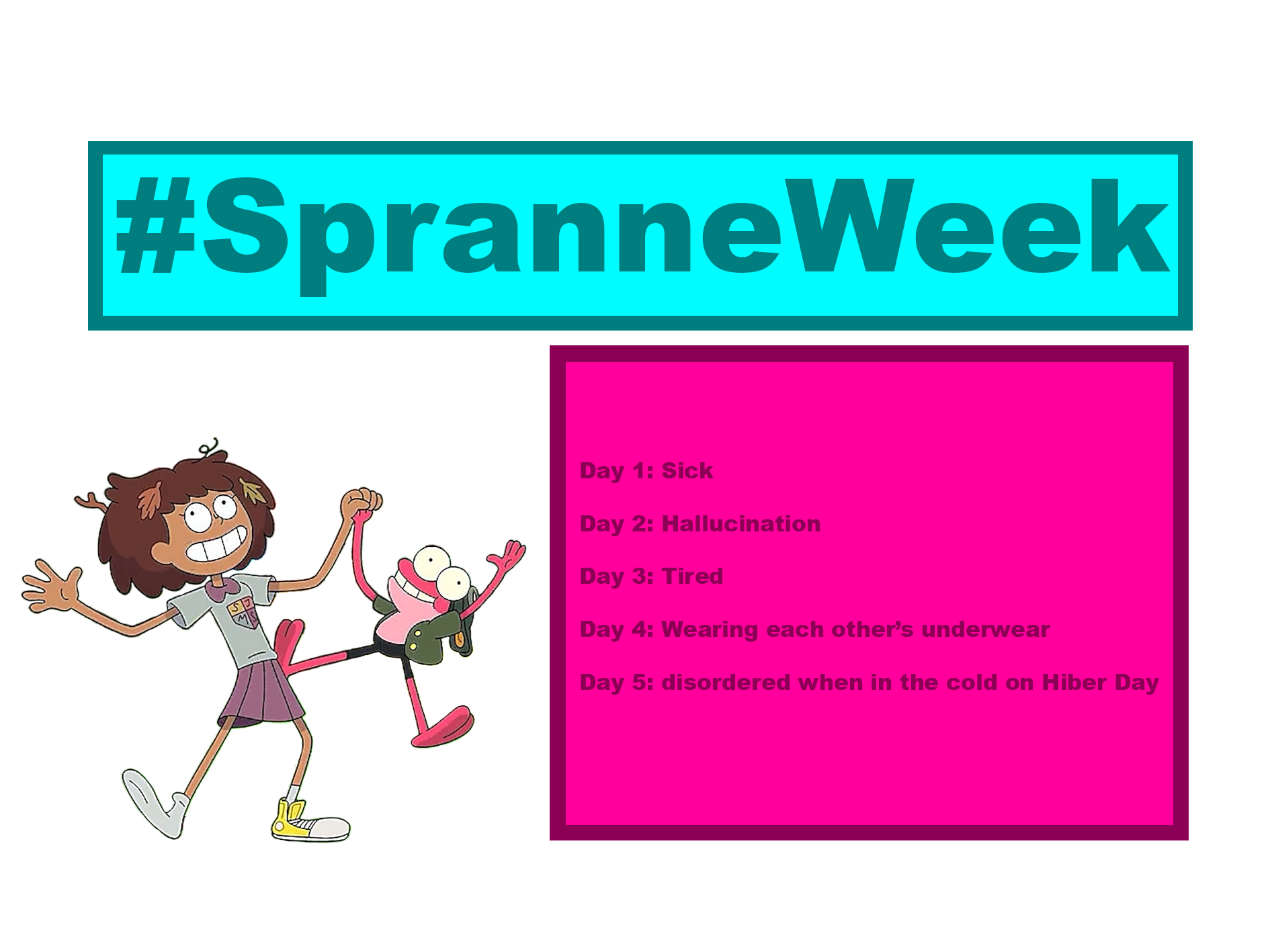 #SpranneWeek Day 1: Sick Day 2: Hallucination Day 3: Tired Day 4: Wearing each other's underwear Day 5: disordered when in the cold on Hiber Day