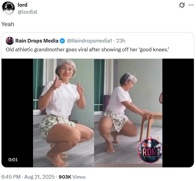 A repost of Chula Chumkong's good knees video. The video is captioned "Yeah."