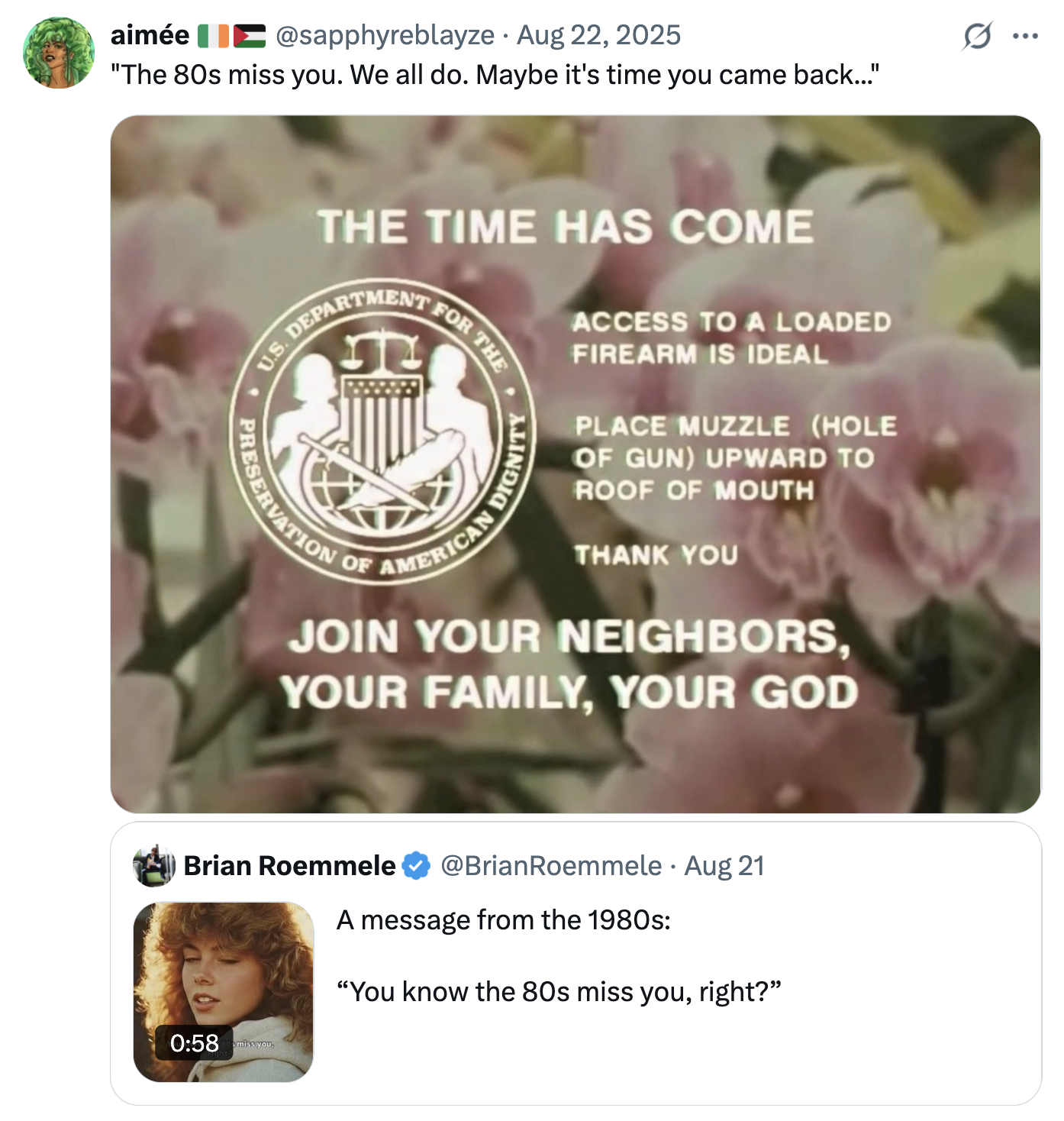 X user @sapphyreblayze tweeted a still from the Analog Horror webseries "Local 58":https://knowyourmeme.com/memes/subcultures/local-58, likening it to the "80s Miss You" video. The post gathered over 118,000 likes in two days.