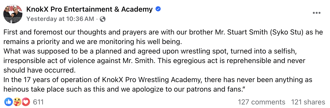 A "Facebook":https://knowyourmeme.com/memes/sites/facebook-meta post from KnokX Pro Entertainment & Academy, addressing the Raja Jackson Syko Stu Wrestling Incident on Kick.