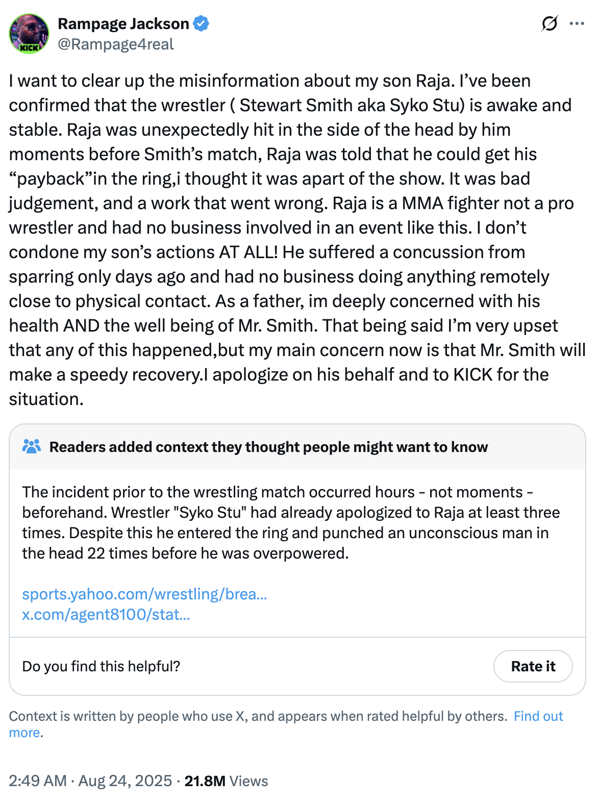 A "tweet":https://knowyourmeme.com/memes/sites/twitter-x from Rampage Jackson about his son Raja Jackson attacking wrestler Syko Stu.