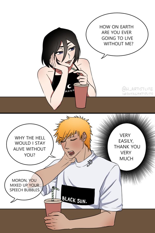 A piece of Bleach fan art. The meme is about speech bubbles getting mixed up.