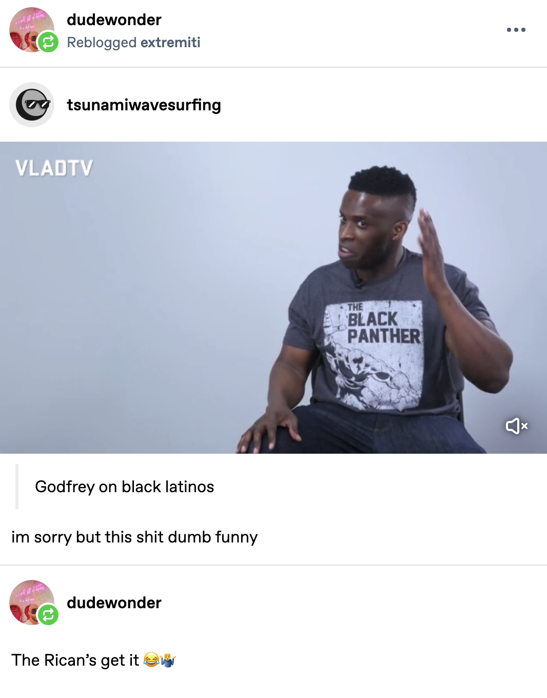 A "Tumblr":https://knowyourmeme.com/memes/sites/tumblr post resharing the I No Black, I Dominican video.