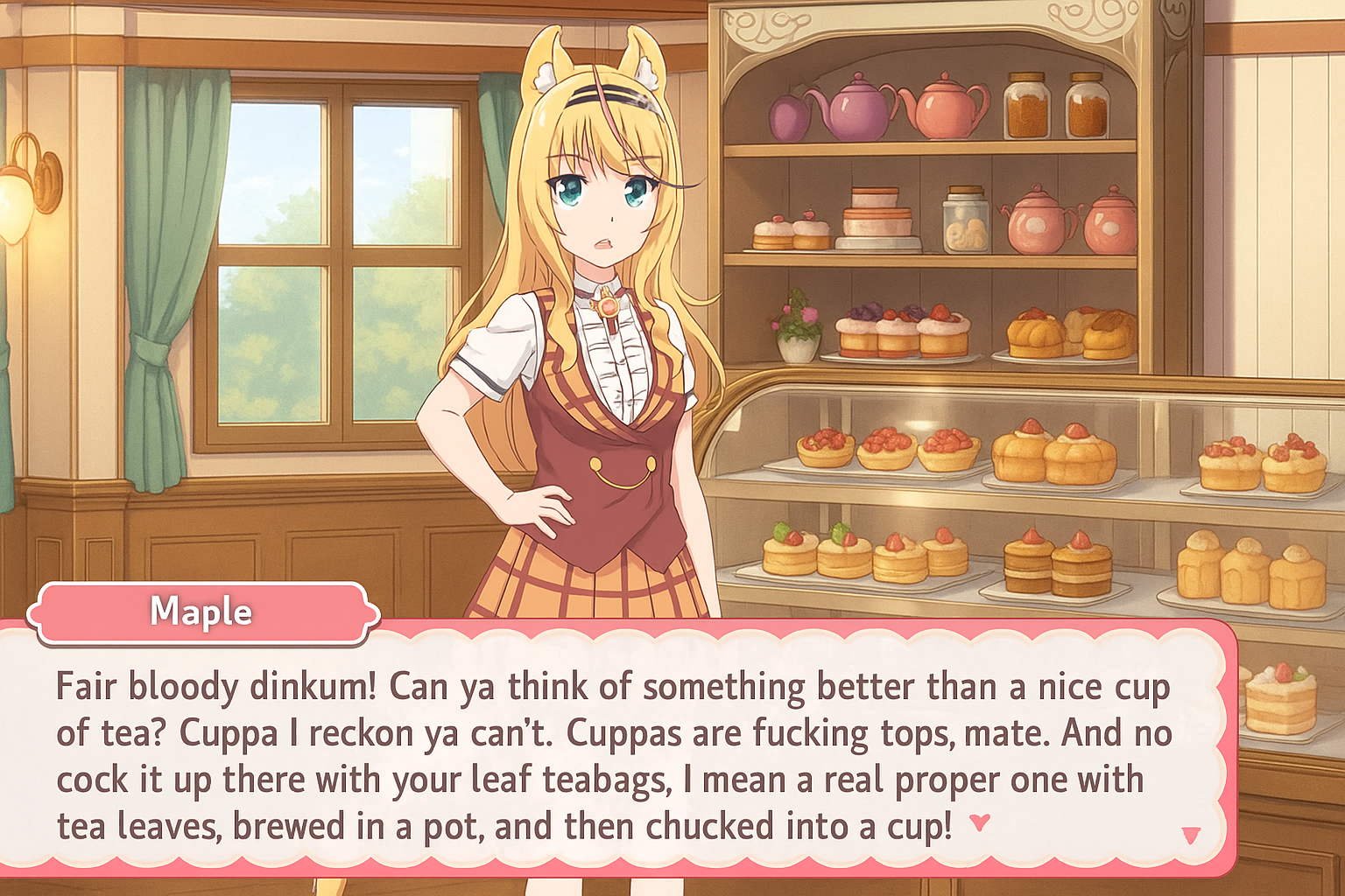 Maple Fair bloody dinkum! Can ya think of something better than a nice cup of tea? Cuppa I reckon ya can't. Cuppas are f------ tops, mate. And no c--- it up there with your leaf teabags, I mean a real proper one with tea leaves, brewed in a pot, and then chucked into a cup!