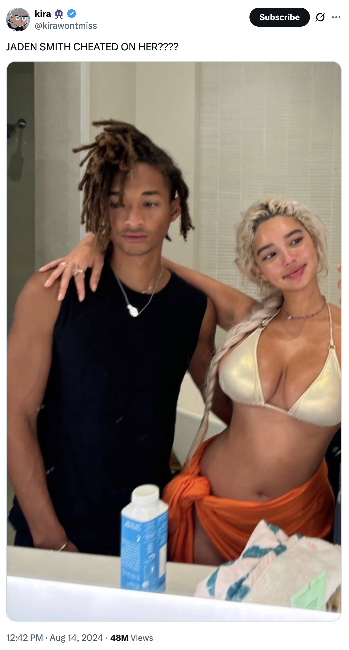 A "tweet":https://knowyourmeme.com/memes/sites/twitter-x about "Jaden Smith":https://knowyourmeme.com/memes/people/jaden-smith supposedly ""fumbling":https://knowyourmeme.com/memes/fumbling-a-bad-bitch" his ex-girlfriend Sab Zada, whom he allegedly cheated on in 2024 with an "influencer":https://knowyourmeme.com/memes/social-media-influencer named Khleopatre.