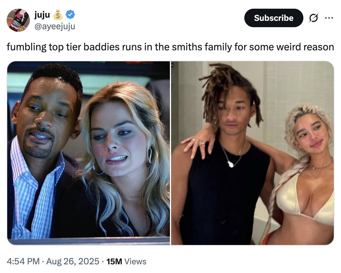 A "tweet":https://knowyourmeme.com/memes/sites/twitter-x about "Jaden Smith":https://knowyourmeme.com/memes/people/jaden-smith supposedly ""fumbling":https://knowyourmeme.com/memes/fumbling-a-bad-bitch" his ex-girlfriend Sab Zada, whom he allegedly cheated on in 2024 with an "influencer":https://knowyourmeme.com/memes/social-media-influencer named Khleopatre.