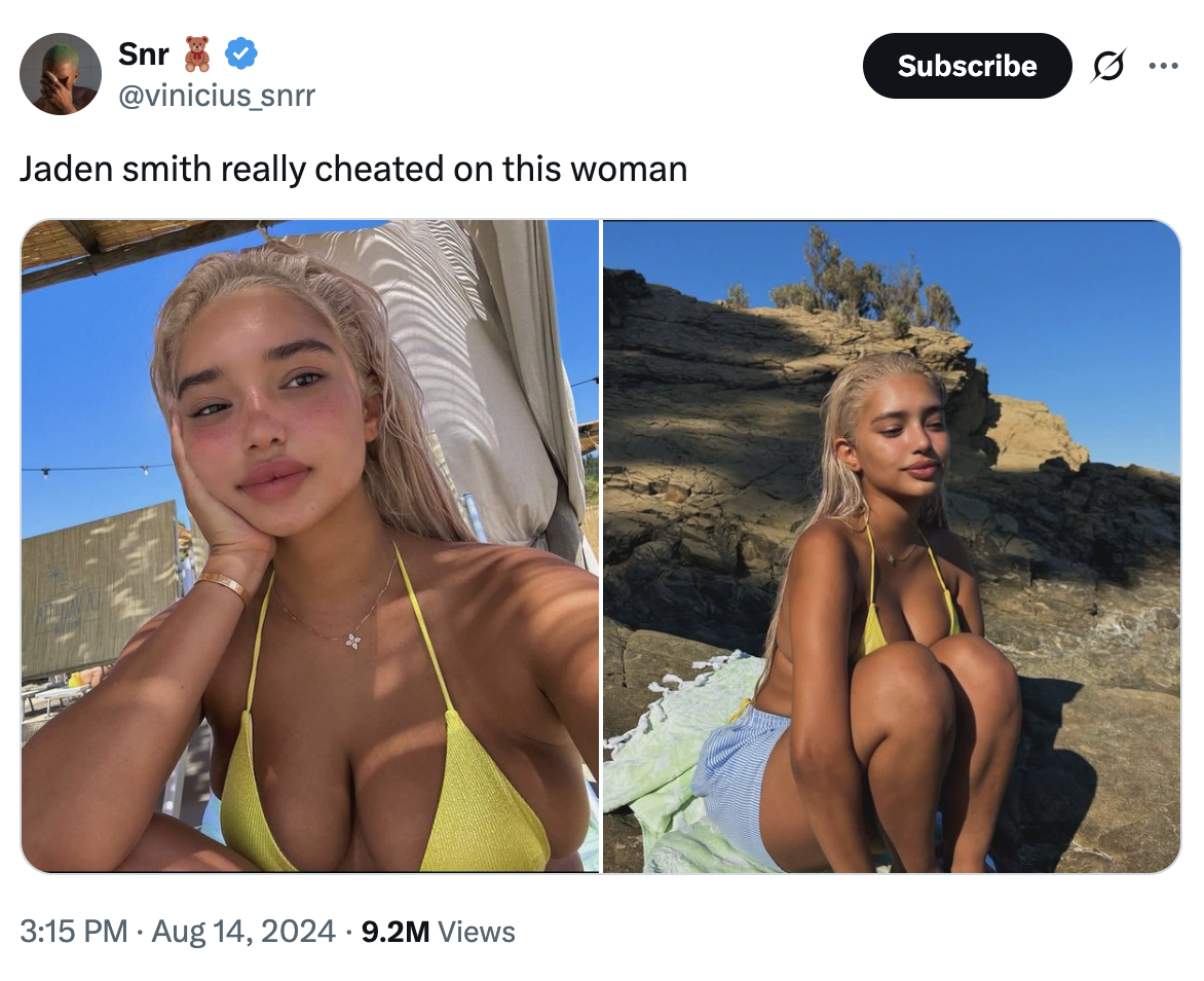 A "tweet":https://knowyourmeme.com/memes/sites/twitter-x about "Jaden Smith":https://knowyourmeme.com/memes/people/jaden-smith supposedly ""fumbling":https://knowyourmeme.com/memes/fumbling-a-bad-bitch" his ex-girlfriend Sab Zada, whom he allegedly cheated on in 2024 with an "influencer":https://knowyourmeme.com/memes/social-media-influencer named Khleopatre.
