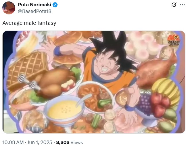 Pota Norimaki @Based Pota18 Average male fantasy 10:08 AM - Jun 1, 2025 -8,808 Views Q WEEKLY JUMP