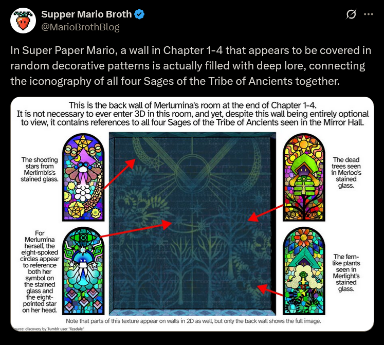 Supper Mario Broth @MarioBrothBlog 0 In Super Paper Mario, a wall in Chapter 1-4 that appears to be covered in random decorative patterns is actually filled with deep lore, connecting the iconography of all four Sages of the Tribe of Ancients together. This is the back wall of Merlumina's room at the end of Chapter 1-4. It is not necessary to ever enter 3D in this room, and yet, despite this wall being entirely optional to view, it contains references to all four Sages of the Tribe of Ancients seen in the Mirror Hall. The shooting stars from Merlimbis's stained glass. For Merlumina herself, the eight-spoked circles appear to reference both her symbol on the stained glass and the eight- pointed star on her head. ource: discovery by Tumblr user "lizadale" Note that parts of this texture appear on walls in 2D as well, but only the back wall shows the full image. TTO The dead trees seen in Merloo's stained glass. The fem- like plants seen in Merlight's stained glass.